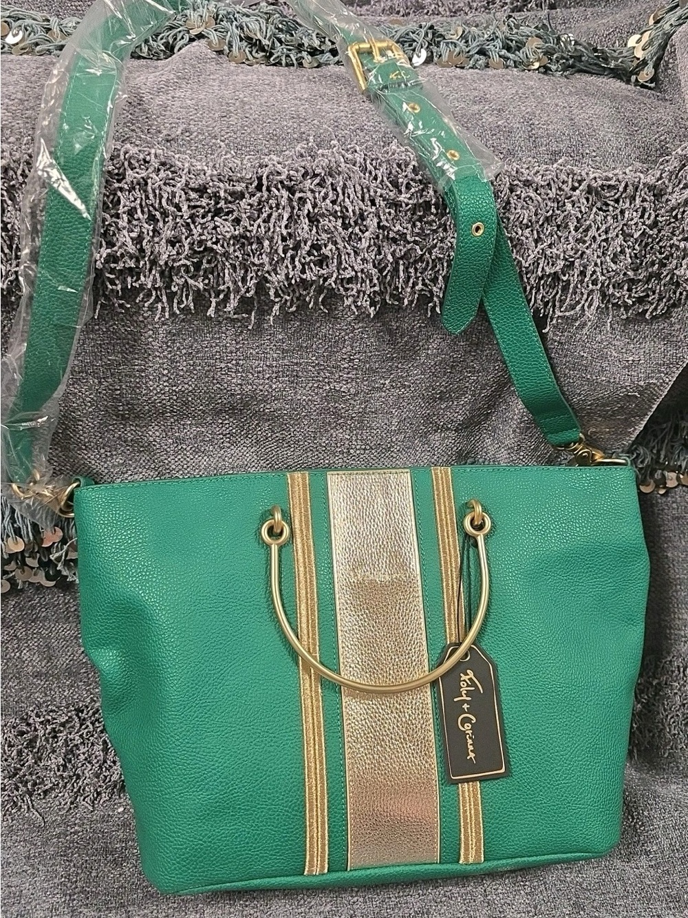 Foley + Corinna Green Leather Crossbody with Gold Stripe
